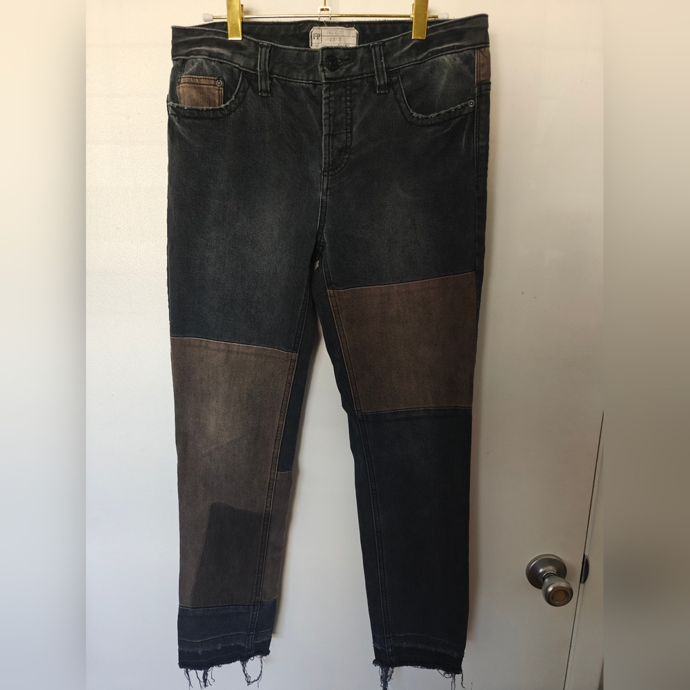 Free People Women’s Size 25 Button Fly Patched & Relaxed Camp Skinny Jeans Denim